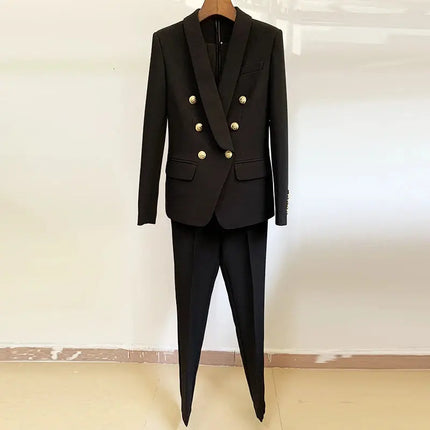 Women’s Blazer & Pants Set – Double-Breasted Shawl Collar with Lion Buttons
