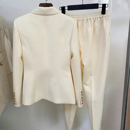 Women’s Blazer & Pants Set – Double-Breasted Shawl Collar with Lion Buttons
