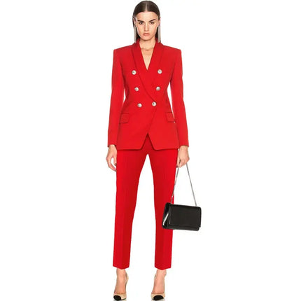 Women’s Blazer & Pants Set – Double-Breasted Shawl Collar with Lion Buttons