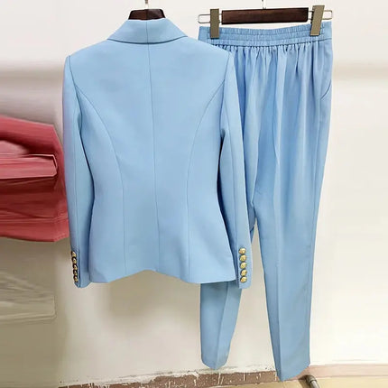 Women’s Blazer & Pants Set – Double-Breasted Shawl Collar with Lion Buttons