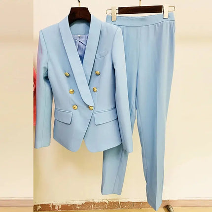 Women’s Blazer & Pants Set – Double-Breasted Shawl Collar with Lion Buttons