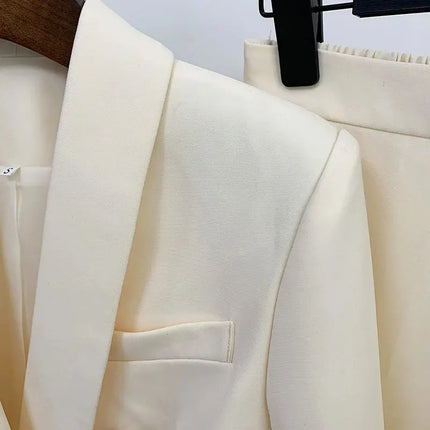 Women’s Blazer & Pants Set – Double-Breasted Shawl Collar with Lion Buttons