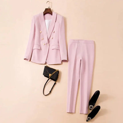 Women’s Blazer & Pants Set – Double-Breasted Shawl Collar with Lion Buttons