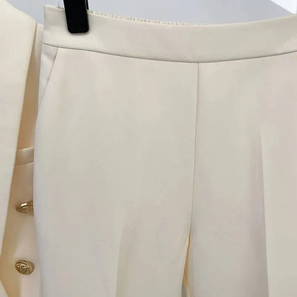 Women’s Blazer & Pants Set – Double-Breasted Shawl Collar with Lion Buttons