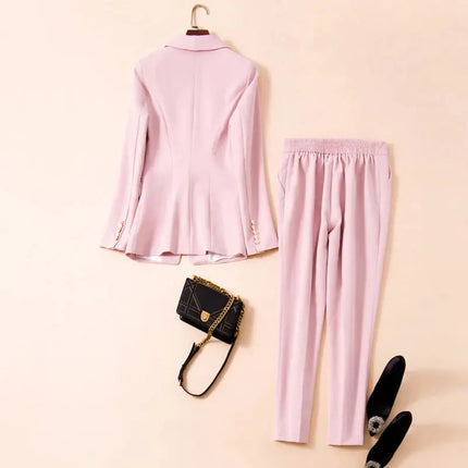Women’s Blazer & Pants Set – Double-Breasted Shawl Collar with Lion Buttons