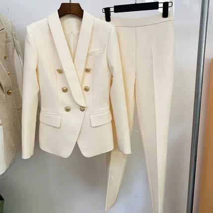 Women’s Blazer & Pants Set – Double-Breasted Shawl Collar with Lion Buttons