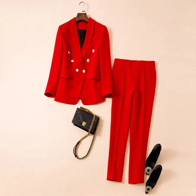 Women’s Blazer & Pants Set – Double-Breasted Shawl Collar with Lion Buttons