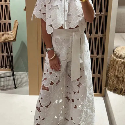Sexy Women’s 2-Piece Set – Lapel Shirt & Wide-Leg Pants, Elegant Casual Hollow Design