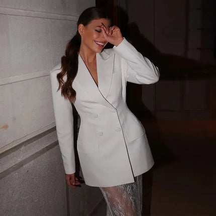 Elegant Women’s Blazer & Skirt Set – Slim Jacket & Sheer Lace Pants, Spring 2025 Party