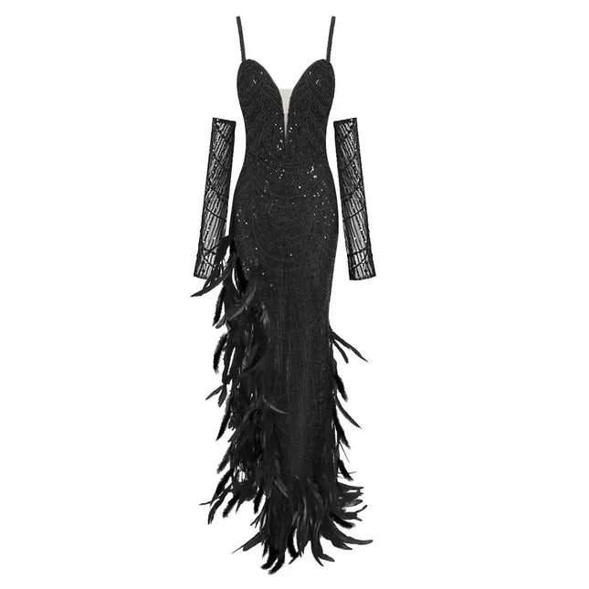 Long Dress Straps Sweetheart Neck Feathers Embellished Split Sequins Party Evening Gown With Gloves