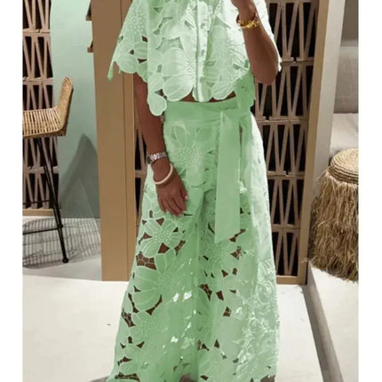 Sexy Women’s 2-Piece Set – Lapel Shirt & Wide-Leg Pants, Elegant Casual Hollow Design