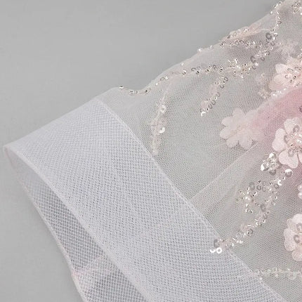Long Dress Pearls Sequins Structured Flowers High Split Sheer Mesh Trendy Celebrity Party Gown