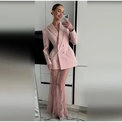 Elegant Women’s Blazer & Skirt Set – Slim Jacket & Sheer Lace Pants, Spring 2025 Party
