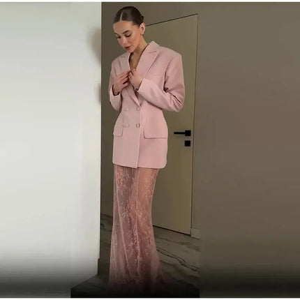 Elegant Women’s Blazer & Skirt Set – Slim Jacket & Sheer Lace Pants, Spring 2025 Party