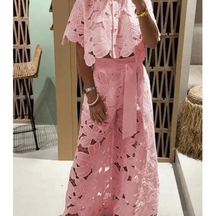 Sexy Women’s 2-Piece Set – Lapel Shirt & Wide-Leg Pants, Elegant Casual Hollow Design