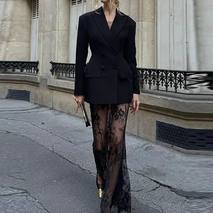 Elegant Women’s Blazer & Skirt Set – Slim Jacket & Sheer Lace Pants, Spring 2025 Party