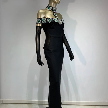 Summer Bandage Dress 2025 Women Celebrity Sexy Diamonds Crystal Black Maxi Long Bodycon Elegant Evening Club Party Dress