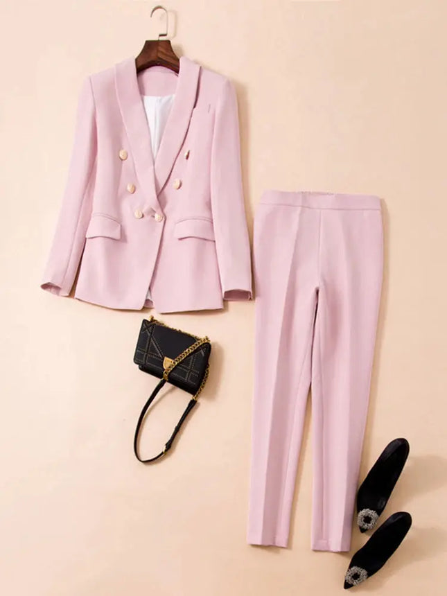 Women’s Blazer & Pants Set – Double-Breasted Shawl Collar with Lion Buttons