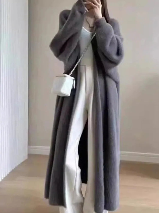 Women’s Autumn/Winter Cardigan – Knee-Length Thick Knit Faux Mink Fleece Sweater Coat