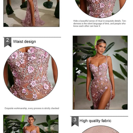 Long Dress Pearls Sequins Structured Flowers High Split Sheer Mesh Trendy Celebrity Party Gown