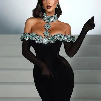 Summer Bandage Dress 2025 Women Celebrity Sexy Diamonds Crystal Black Maxi Long Bodycon Elegant Evening Club Party Dress