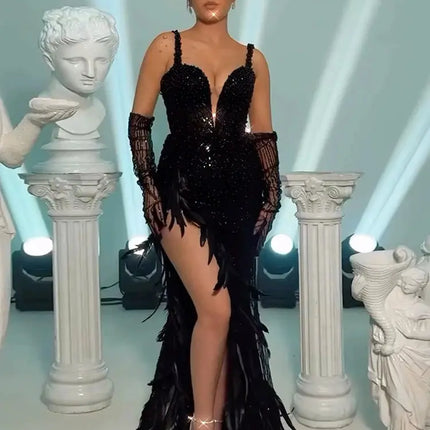 Long Dress Straps Sweetheart Neck Feathers Embellished Split Sequins Party Evening Gown With Gloves