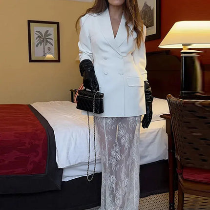 Elegant Women’s Blazer & Skirt Set – Slim Jacket & Sheer Lace Pants, Spring 2025 Party