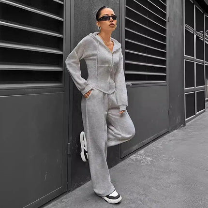 Women’s Casual 2-Piece Matching Set –Wide-Leg Elastic Waist Pants, Comfortable Tracksuit Jogger