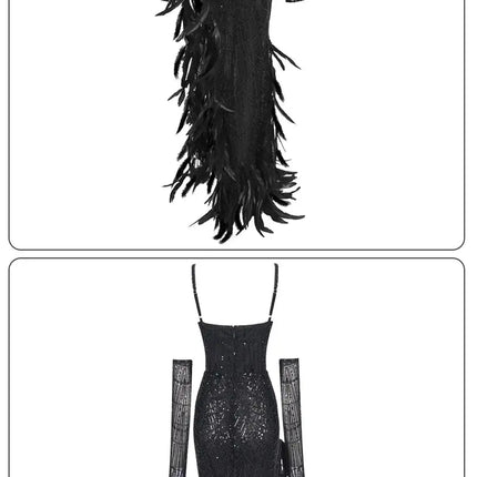 Long Dress Straps Sweetheart Neck Feathers Embellished Split Sequins Party Evening Gown With Gloves