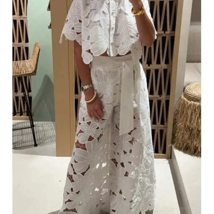 Sexy Women’s 2-Piece Set – Lapel Shirt & Wide-Leg Pants, Elegant Casual Hollow Design