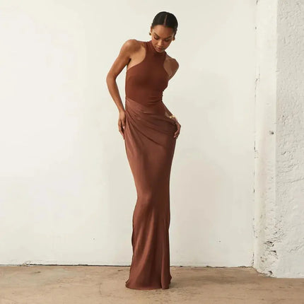 Elegant Satin Maxi Dress – Designed with alluring hollow-out details