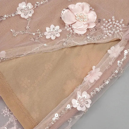 Long Dress Pearls Sequins Structured Flowers High Split Sheer Mesh Trendy Celebrity Party Gown