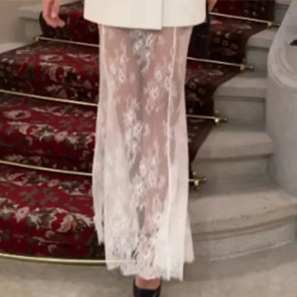 Elegant Women’s Blazer & Skirt Set – Slim Jacket & Sheer Lace Pants, Spring 2025 Party