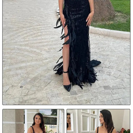 Long Dress Straps Sweetheart Neck Feathers Embellished Split Sequins Party Evening Gown With Gloves