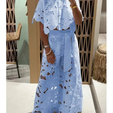 Sexy Women’s 2-Piece Set – Lapel Shirt & Wide-Leg Pants, Elegant Casual Hollow Design