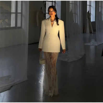 Elegant Women’s Blazer & Skirt Set – Slim Jacket & Sheer Lace Pants, Spring 2025 Party