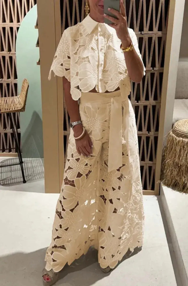 Sexy Women’s 2-Piece Set – Lapel Shirt & Wide-Leg Pants, Elegant Casual Hollow Design