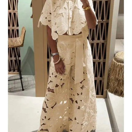 Sexy Women’s 2-Piece Set – Lapel Shirt & Wide-Leg Pants, Elegant Casual Hollow Design