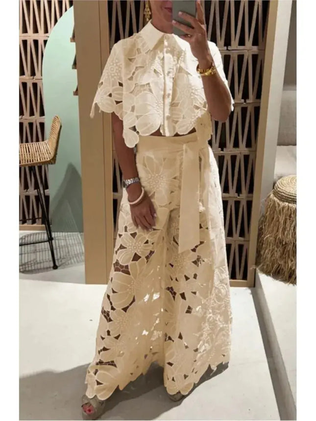 Sexy Women’s 2-Piece Set – Lapel Shirt & Wide-Leg Pants, Elegant Casual Hollow Design