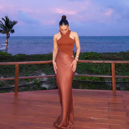 Elegant Satin Maxi Dress – Designed with alluring hollow-out details
