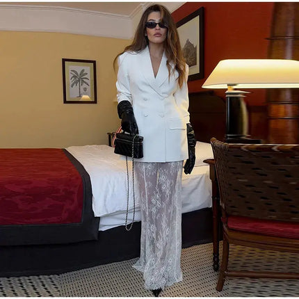 Elegant Women’s Blazer & Skirt Set – Slim Jacket & Sheer Lace Pants, Spring 2025 Party