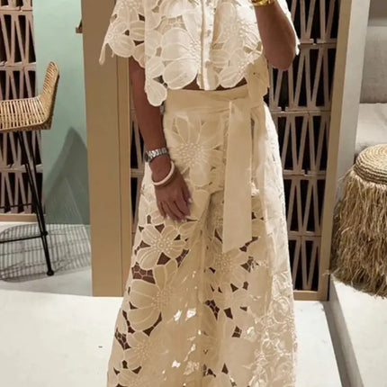 Sexy Women’s 2-Piece Set – Lapel Shirt & Wide-Leg Pants, Elegant Casual Hollow Design