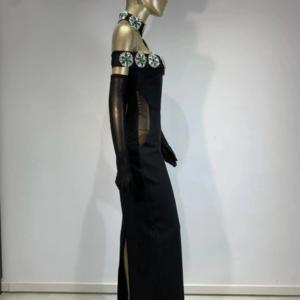 Summer Bandage Dress 2025 Women Celebrity Sexy Diamonds Crystal Black Maxi Long Bodycon Elegant Evening Club Party Dress