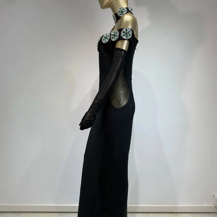 Summer Bandage Dress 2025 Women Celebrity Sexy Diamonds Crystal Black Maxi Long Bodycon Elegant Evening Club Party Dress