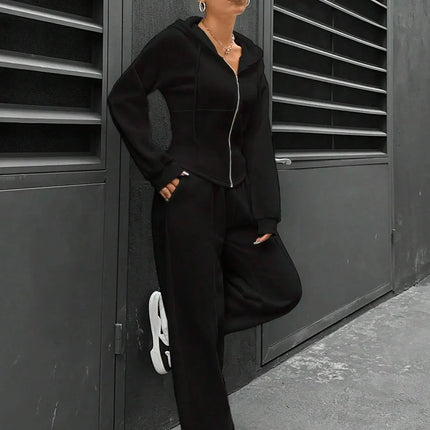 Women’s Casual 2-Piece Matching Set –Wide-Leg Elastic Waist Pants, Comfortable Tracksuit Jogger
