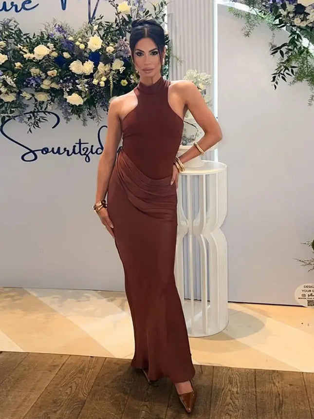 Elegant Satin Maxi Dress – Designed with alluring hollow-out details