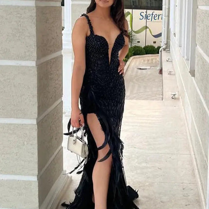 Long Dress Straps Sweetheart Neck Feathers Embellished Split Sequins Party Evening Gown With Gloves