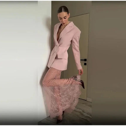 Elegant Women’s Blazer & Skirt Set – Slim Jacket & Sheer Lace Pants, Spring 2025 Party
