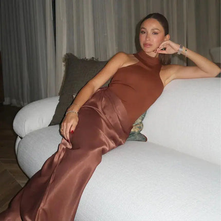 Elegant Satin Maxi Dress – Designed with alluring hollow-out details