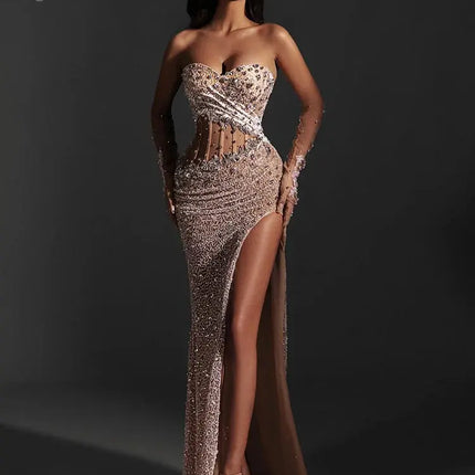 Backless Sheer Mesh with High Slit & Gloves